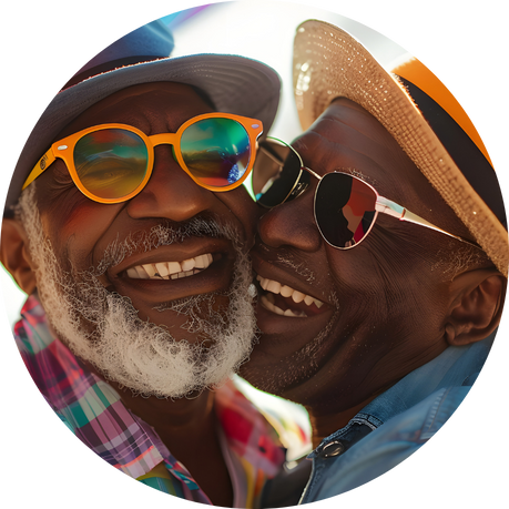 How we work Two men embracing. Both are smiling wearing sunglasses and hat in the sunshine.